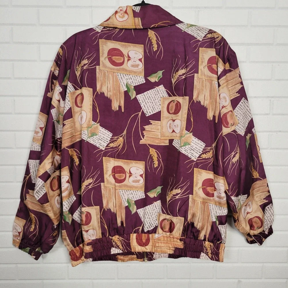 Vintage 1990s Silk Bomber Jacket Autumn‎ Apples Novelty Print Windbreaker Sz M